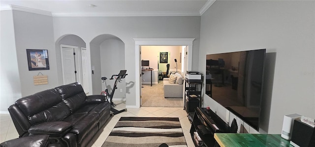 1884 Coconut Palm Cir, North Port, FL 34288 - living area featuring light tile patterned flooring, crown molding, arched walkways, and light carpet