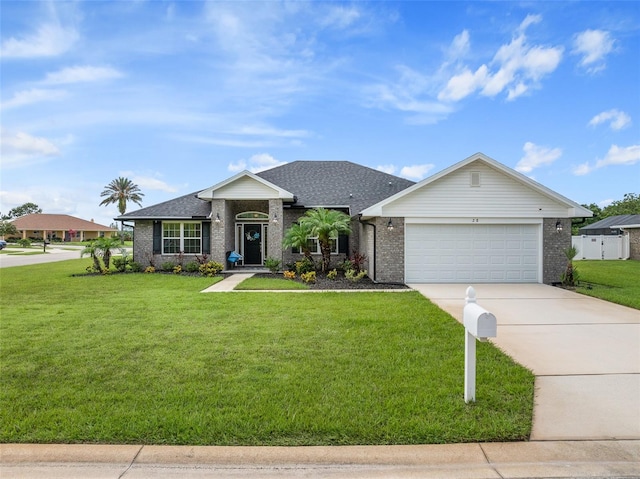 28 Noah Blvd, Flagler Beach, FL 32136 - ranch-style home with a front lawn, concrete driveway, a garage, and brick siding