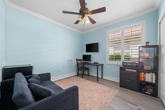 12978 SW 26th St, Miramar, FL 33027 - living area featuring a desk, crown molding, wood finished floors, and a ceiling fan
