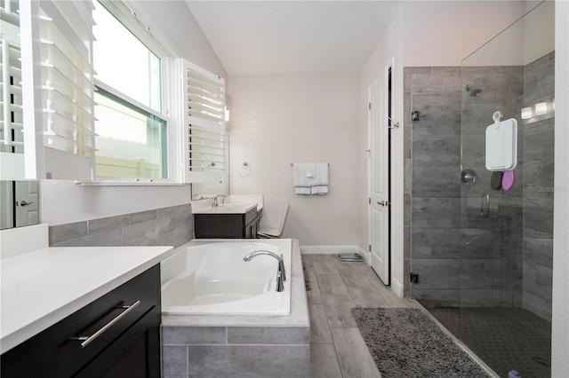 8066 Ludington Cir, Orlando, FL 32836 - full bathroom with vanity, a stall shower, a bath, and wood finished floors