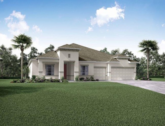 279 SW Cadence Gln, Lake City, FL 32024 - view of front of house with an attached garage, concrete driveway, stucco siding, a front yard, and roof with shingles