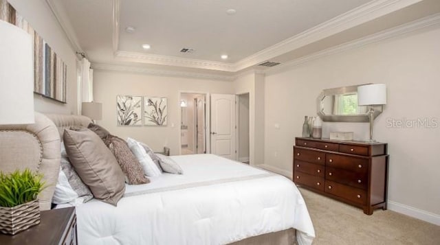279 SW Cadence Gln, Lake City, FL 32024 - bedroom featuring light colored carpet, ornamental molding, a raised ceiling, and recessed lighting
