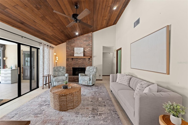473 Burnt Tree Ln, Apopka, FL 32712 - living area featuring wooden ceiling, ceiling fan, high vaulted ceiling, a brick fireplace, and tile patterned flooring