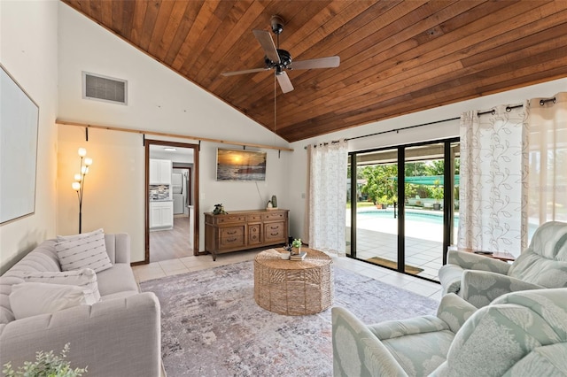 473 Burnt Tree Ln, Apopka, FL 32712 - tiled living room with wooden ceiling, a ceiling fan, and high vaulted ceiling
