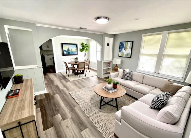 2107 Hollywood Ave, Eustis, FL 32726 - living room featuring arched walkways, wood finished floors, and healthy amount of natural light