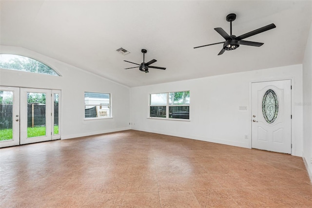 4085 Cypress Bnd, Geneva, FL 32732 - unfurnished living room featuring vaulted ceiling, a ceiling fan, and french doors
