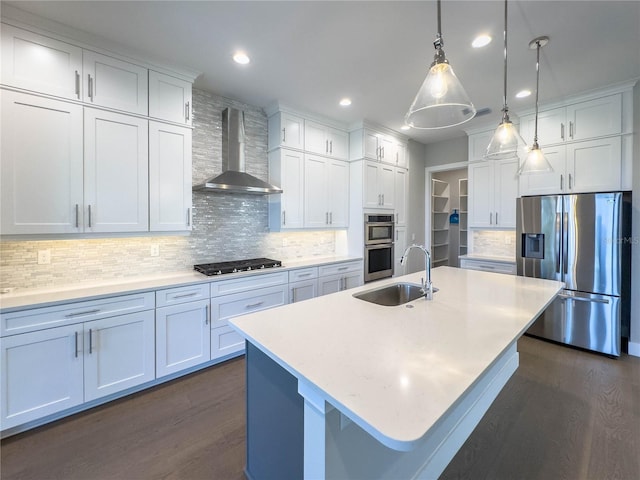 16210 Ravenna Ct, Montverde, FL 34756 - kitchen featuring stainless steel appliances, wall chimney exhaust hood, dark wood-style floors, light countertops, and recessed lighting