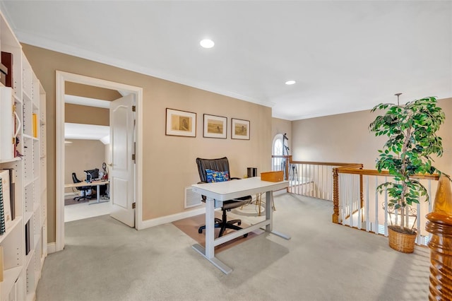 413 Harbour Oaks Pointe Dr, Edgewood, FL 32809 - office area featuring light carpet, ornamental molding, and recessed lighting