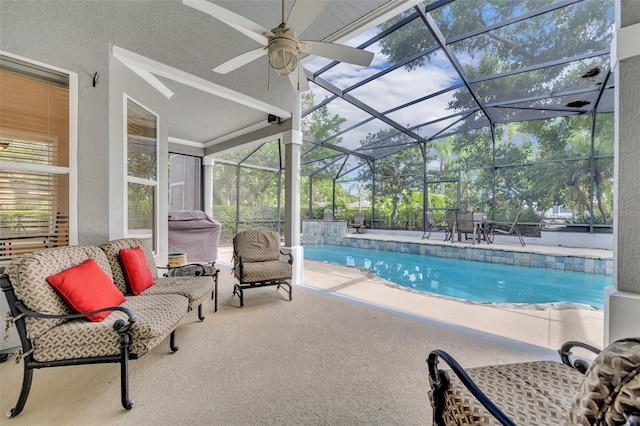 413 Harbour Oaks Pointe Dr, Edgewood, FL 32809 - swimming pool with a patio, a ceiling fan, and glass enclosure