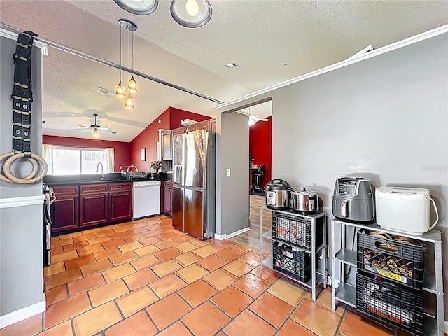 1044 Dees Dr, Oviedo, FL 32765 - kitchen featuring stainless steel fridge with ice dispenser, white dishwasher, a textured ceiling, dark countertops, and a ceiling fan