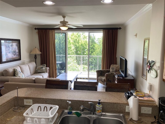 13415 Blue Heron Bch Unit 203, Orlando, FL 32821 - living room with ornamental molding, ceiling fan, and recessed lighting