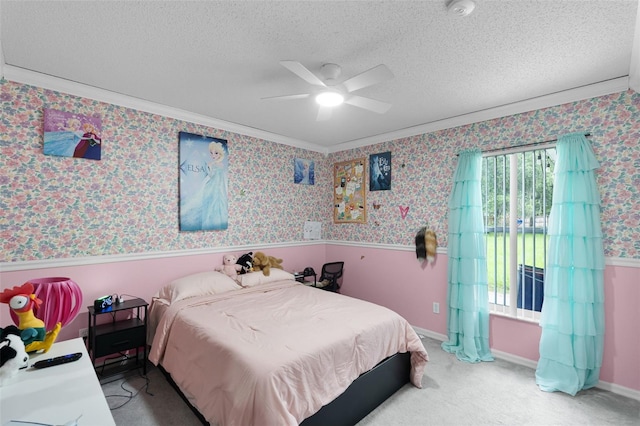 1113 Canopy Oaks Dr, Minneola, FL 34715 - bedroom with ornamental molding, a wainscoted wall, wallpapered walls, ceiling fan, and light carpet
