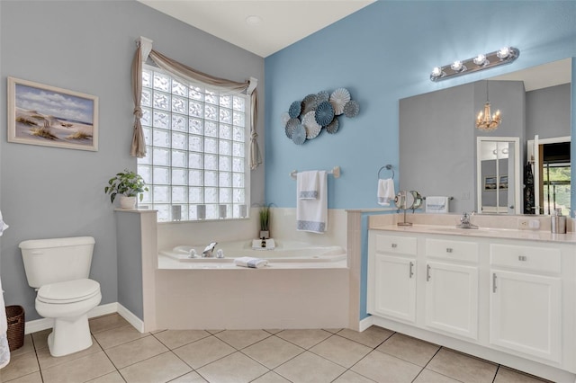 25105 Laurel Valley Rd, Leesburg, FL 34748 - full bathroom featuring vanity, a garden tub, a chandelier, and tile patterned flooring
