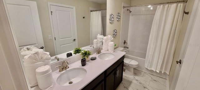 1201 Challenge Dr, Davenport, FL 33896 - full bath featuring double vanity, shower / tub combo with curtain, and marble look tiles