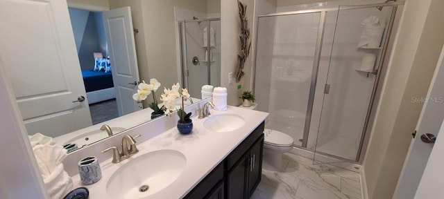 1201 Challenge Dr, Davenport, FL 33896 - full bathroom with a stall shower, double vanity, and marble finish floors