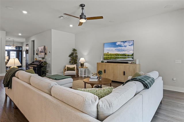 17290 Hickory Wind Dr, Clermont, FL 34711 - living area with ceiling fan, wood finished floors, and recessed lighting