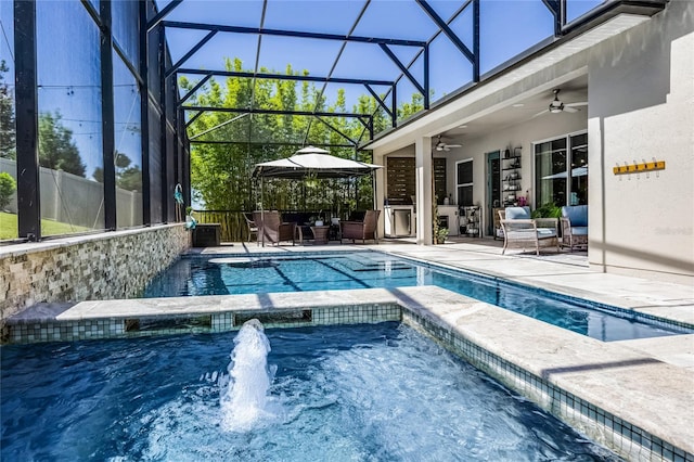 17290 Hickory Wind Dr, Clermont, FL 34711 - view of swimming pool with a ceiling fan, a patio, a lanai, and a pool with connected hot tub