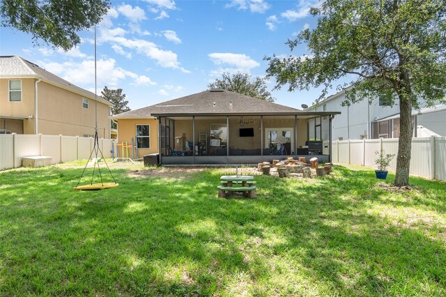 30308 Cheval St, Mount Dora, FL 32757 - rear view of house featuring a sunroom, a fenced backyard, and stucco siding