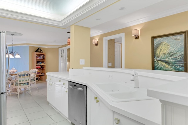 4631 S Atlantic Ave Unit 8102, Port Orange, FL 32127 - kitchen featuring appliances with stainless steel finishes, light tile patterned floors, white cabinets, a chandelier, and hanging light fixtures