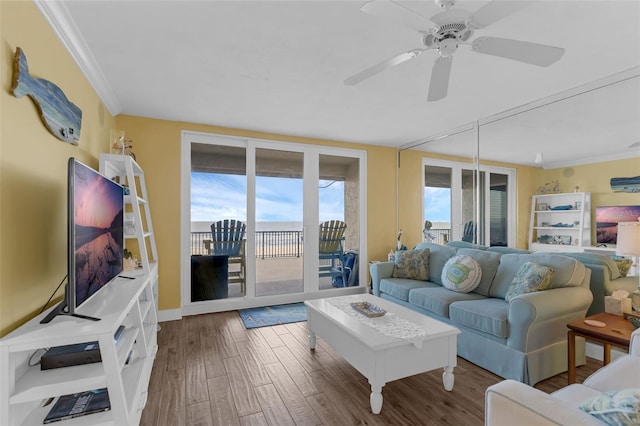 4631 S Atlantic Ave Unit 8102, Port Orange, FL 32127 - living area with wood finished floors, crown molding, and ceiling fan
