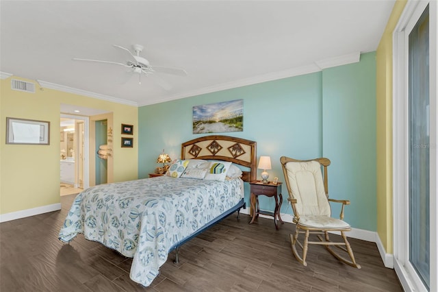 4631 S Atlantic Ave Unit 8102, Port Orange, FL 32127 - bedroom featuring crown molding, wood finished floors, ceiling fan, and ensuite bathroom
