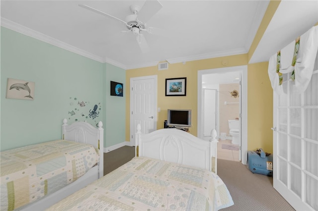 4631 S Atlantic Ave Unit 8102, Port Orange, FL 32127 - carpeted bedroom with crown molding, ceiling fan, and connected bathroom