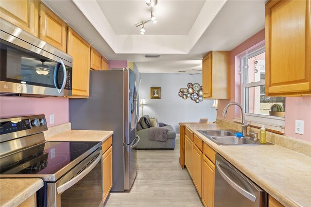 109 Woodfield Ct, Sanford, FL 32773 - kitchen featuring appliances with stainless steel finishes, light countertops, light wood finished floors, and a tray ceiling