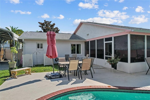 109 Woodfield Ct, Sanford, FL 32773 - outdoor pool with a patio area, a sunroom, and outdoor dining area