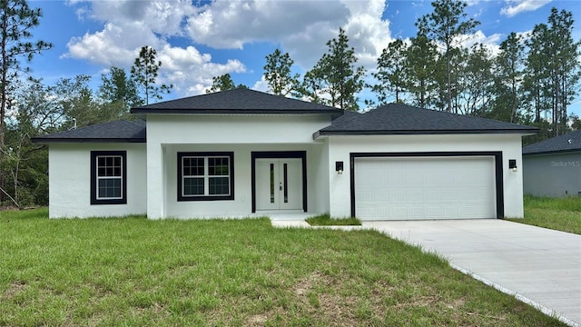 142 W Diego Pl, Citrus Springs, FL 34434 - view of front of home featuring an attached garage, a front yard, concrete driveway, roof with shingles, and stucco siding