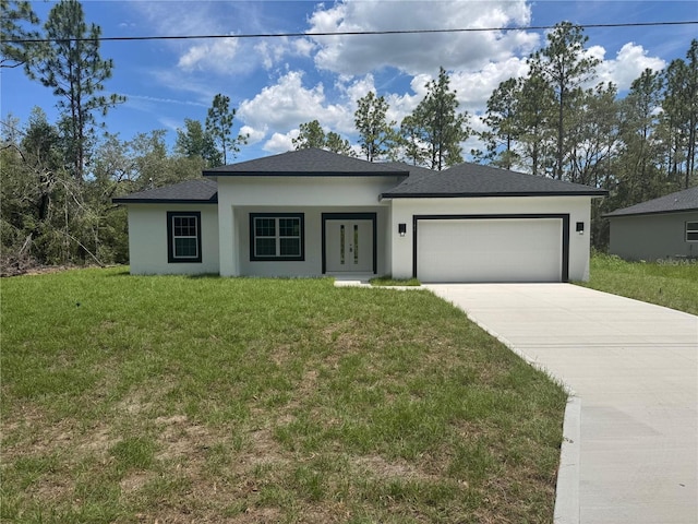 142 W Diego Pl, Citrus Springs, FL 34434 - prairie-style house featuring stucco siding, concrete driveway, a front yard, and a garage