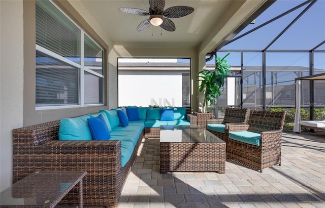 1811 Caribbean View Ter, Kissimmee, FL 34747 - view of patio / terrace with outdoor lounge area, a ceiling fan, and a lanai