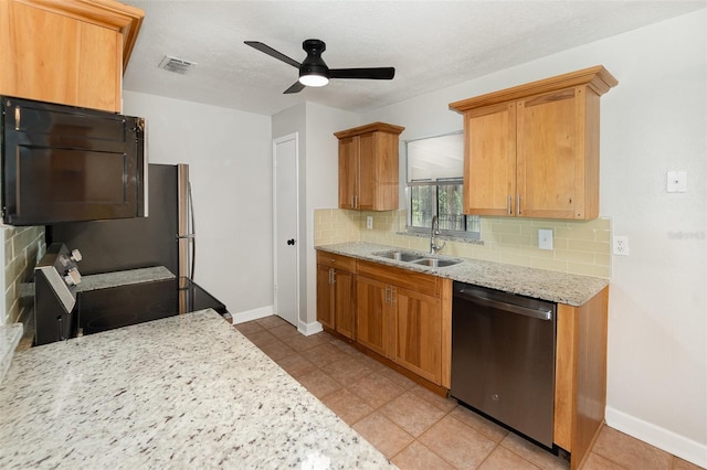 917 Great Bend Rd, Altamonte Springs, FL 32714 - kitchen with appliances with stainless steel finishes, tasteful backsplash, ceiling fan, light stone countertops, and light tile patterned floors