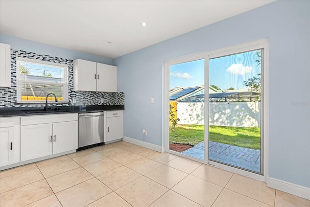 1346 Palo Alto Ct, Winter Springs, FL 32708 - kitchen featuring stainless steel dishwasher, backsplash, dark countertops, white cabinetry, and recessed lighting