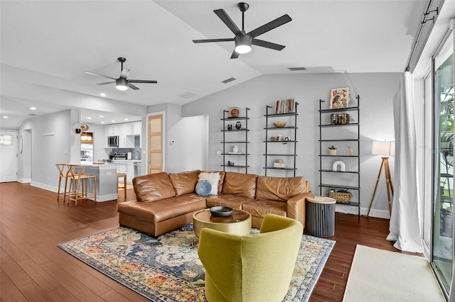 1322 N Bumby Ave, Orlando, FL 32803 - living area with a ceiling fan, dark wood-style flooring, lofted ceiling, and recessed lighting