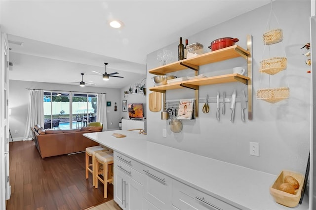 1322 N Bumby Ave, Orlando, FL 32803 - kitchen featuring a ceiling fan, dark wood-style floors, white cabinets, light countertops, and open floor plan