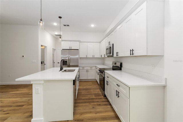 10611 N Umber Ter, Citrus Springs, FL 34434 - kitchen with appliances with stainless steel finishes, recessed lighting, light wood-style floors, an island with sink, and decorative light fixtures