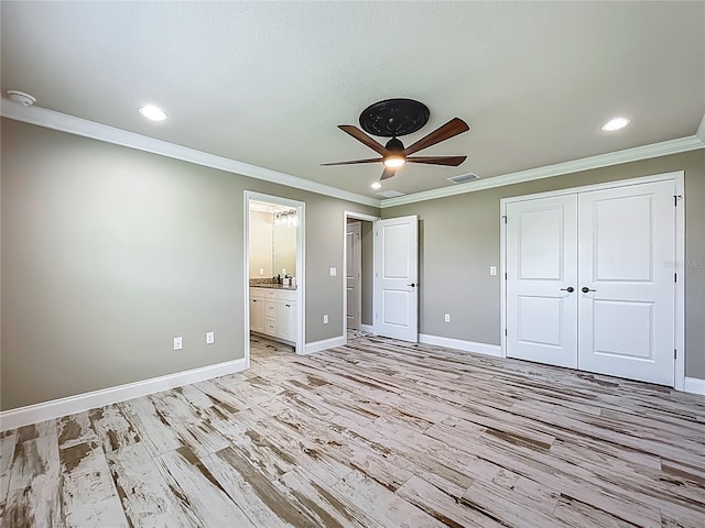 14243 County Road 450, Umatilla, FL 32784 - unfurnished bedroom with light wood finished floors, ornamental molding, recessed lighting, a closet, and ceiling fan