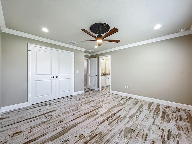 14243 County Road 450, Umatilla, FL 32784 - unfurnished bedroom featuring light wood-type flooring, a closet, ornamental molding, recessed lighting, and a ceiling fan