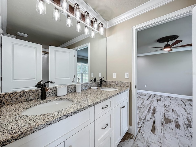 14243 County Road 450, Umatilla, FL 32784 - bathroom featuring crown molding, a ceiling fan, and double vanity