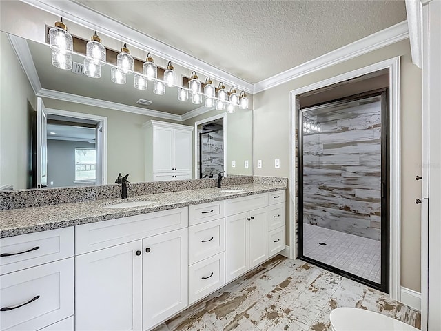 14243 County Road 450, Umatilla, FL 32784 - full bath with double vanity, a tile shower, crown molding, and a textured ceiling