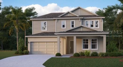 2943 Haze Rd, Clermont, FL 34714 - view of front facade featuring a garage, concrete driveway, a front yard, and a porch