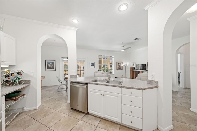 860 N Orange Ave Unit 210, Orlando, FL 32801 - kitchen with dishwasher, light tile patterned flooring, a ceiling fan, white cabinetry, and recessed lighting