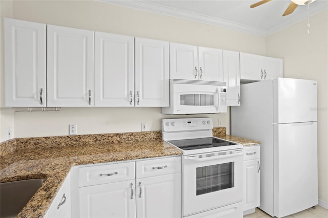 660 Celebration Ave Unit 250, Kissimmee, FL 34747 - kitchen with white appliances, crown molding, white cabinets, a ceiling fan, and stone countertops