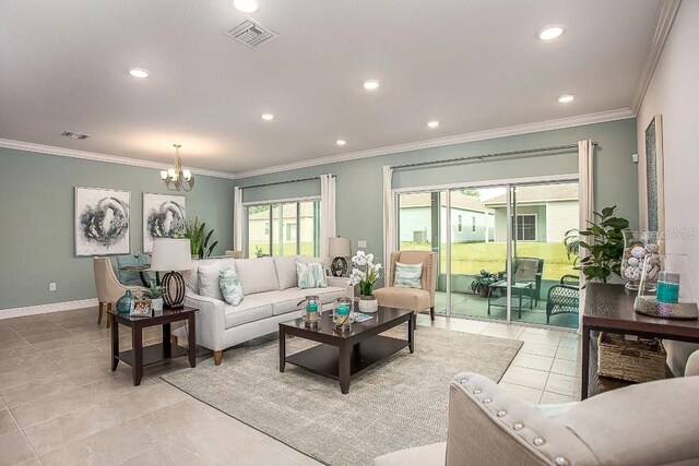 1790 NW 248th Way, Newberry, FL 32669 - living area with a chandelier, crown molding, recessed lighting, and light tile patterned floors