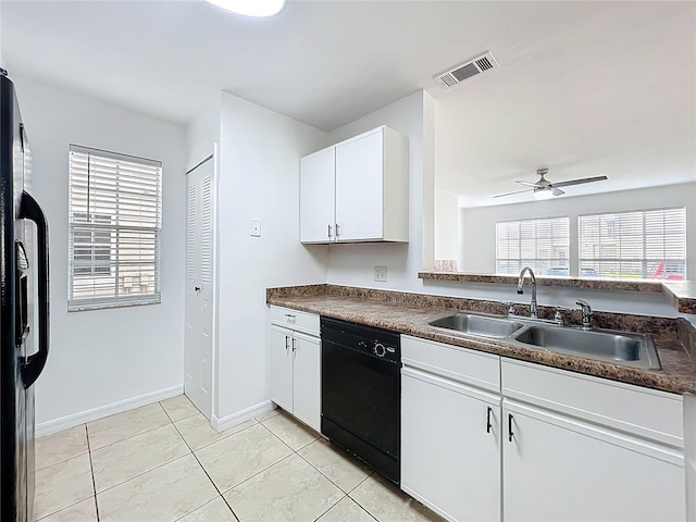 645 Stafford Ter Unit 163, Altamonte Springs, FL 32714 - kitchen featuring black appliances, dark countertops, white cabinets, ceiling fan, and light tile patterned floors