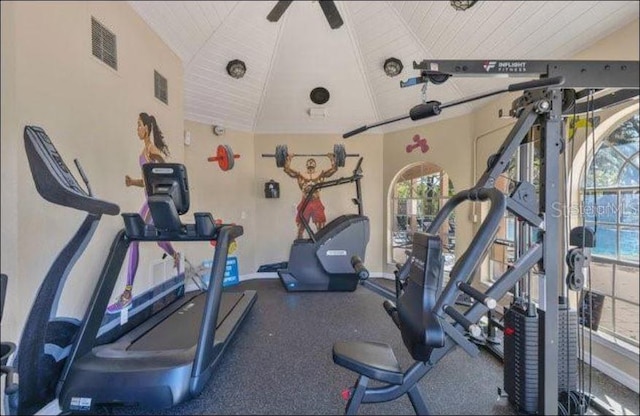 645 Stafford Ter Unit 163, Altamonte Springs, FL 32714 - gym with vaulted ceiling, wooden ceiling, and a ceiling fan