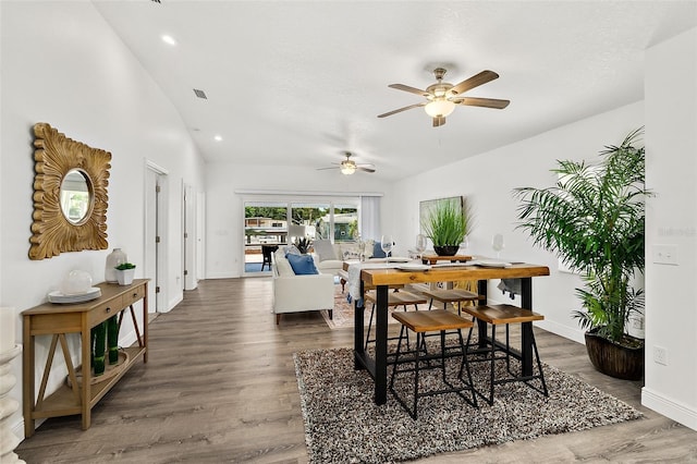 139 Douglas St, Edgewater, FL 32141 - dining space with vaulted ceiling, a ceiling fan, wood finished floors, and recessed lighting