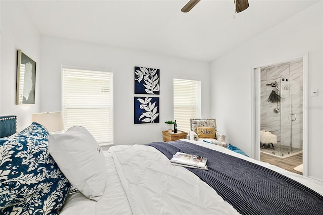 139 Douglas St, Edgewater, FL 32141 - bedroom with ceiling fan, lofted ceiling, and ensuite bath