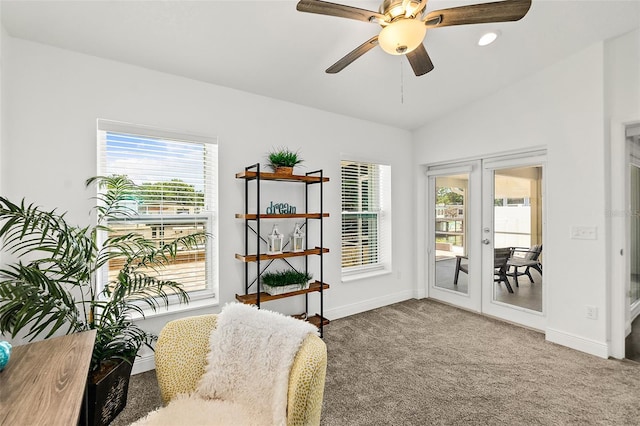 139 Douglas St, Edgewater, FL 32141 - sitting room featuring carpet floors, french doors, healthy amount of natural light, ceiling fan, and vaulted ceiling