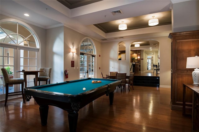 506 Mirasol Cir Unit 202, Celebration, FL 34747 - rec room featuring wood finished floors, pool table, french doors, recessed lighting, and crown molding